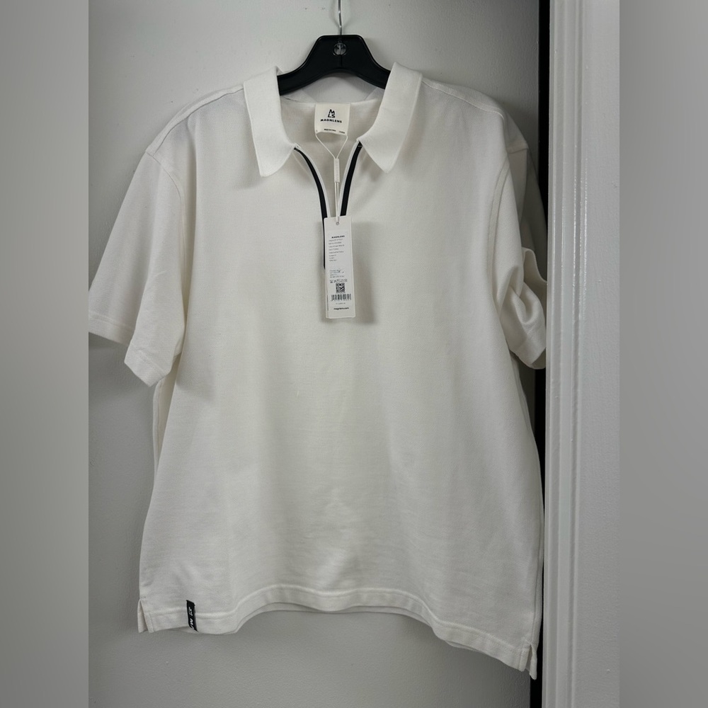 NWT $95 Magnlens Half zip Up Polo Shirt White Small S Cotton Blended Regular Fit